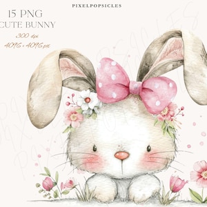 Può includere: Illustrazione ad acquerello di un simpatico coniglietto con un fiocco rosa a pois e decorazioni floreali. Il coniglietto ha un corpo bianco, guance rosa e orecchie lunghe. L'immagine include il testo "15 PNG CUTE BUNNY 300 dpi 4096 x 4096 px".
