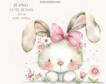 Puede incluir: Ilustración en acuarela de un lindo conejito con un lazo rosa con lunares y adornos florales. El conejito tiene un cuerpo blanco, mejillas rosadas y orejas largas. La imagen incluye el texto "15 PNG CUTE BUNNY 300 dpi 4096 x 4096 px".
