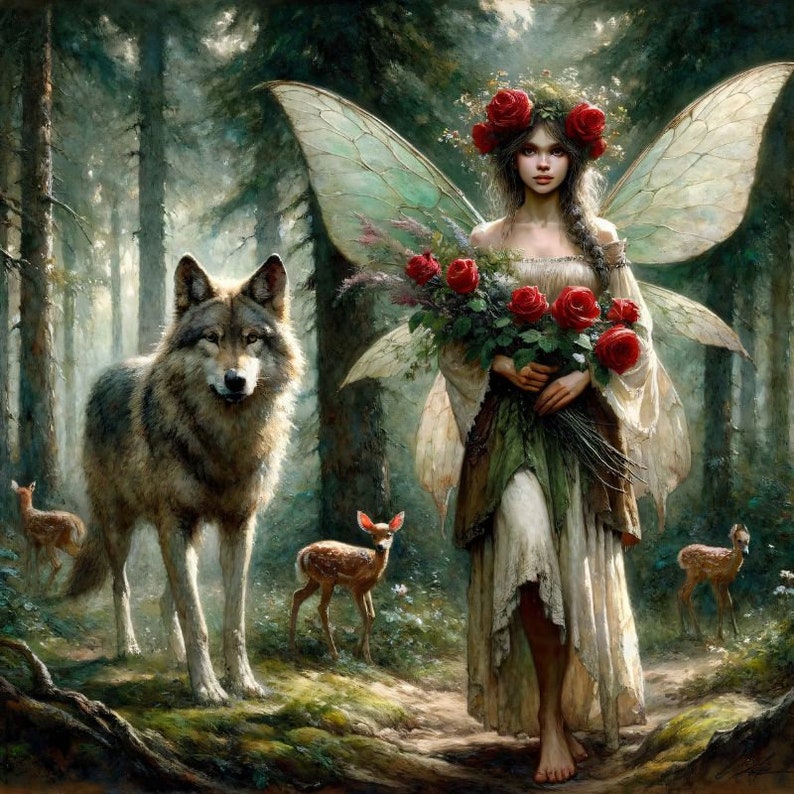 May include: A fairy with large, iridescent wings and a crown of red roses stands in a forest. She holds a bouquet of red roses. A wolf and two deer are in the background.