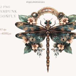 Watercolor Steampunk Dragonfly Clipart: Floral PNG Bundle