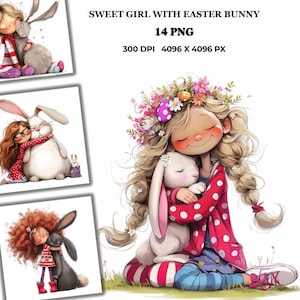 Sweet Girl with Easter Bunny PNG | Cute Watercolor Clipart | Springtime Digital Illustration for Cards, Invitations, Sublimation  Decor