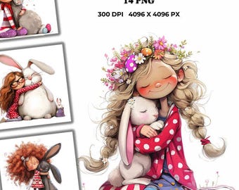 Puede incluir: Una ilustración digital de una niña con cabello rubio que lleva una camisa de lunares rojos y blancos y una falda a rayas azules y blancas. Está sosteniendo un conejito blanco con orejas rosas. La niña lleva una corona de flores con flores rosas, moradas y blancas. El fondo es blanco.