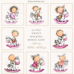 May include: Watercolor illustrations of babies on rocking horses. Each baby is depicted with soft features and is riding a white and pink rocking horse. The image includes the text "12 PNG SWEET ROCKING HORSE BABY".