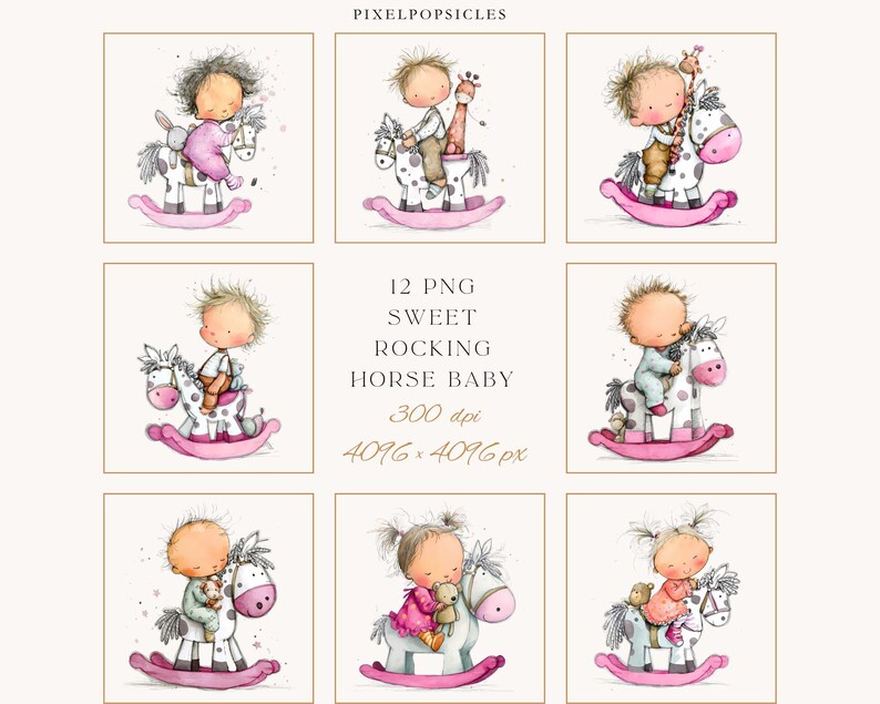 May include: Watercolor illustrations of babies on rocking horses. Each baby is depicted with soft features and is riding a white and pink rocking horse. The image includes the text "12 PNG SWEET ROCKING HORSE BABY".