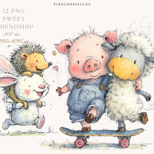 Puede incluir: Ilustración en acuarela de cuatro animales amigables: un erizo, un conejo, un cerdo con peto y una oveja. El cerdo y la oveja montan en monopatín. El texto "Sweet Friendship" está en la parte superior.