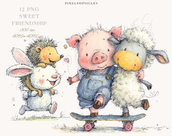 12 PNG Sweet Friendship Clipart Set | Animal Friends Illustration Bundle | High-Resolution Digital Download