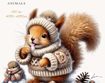 Winter Cozy Animals Clipart Bundle, Hand-Drawn Baby Animal Illustrations, Hygge Arctic Wildlife, Digital Download for Print on Demand  Gifts