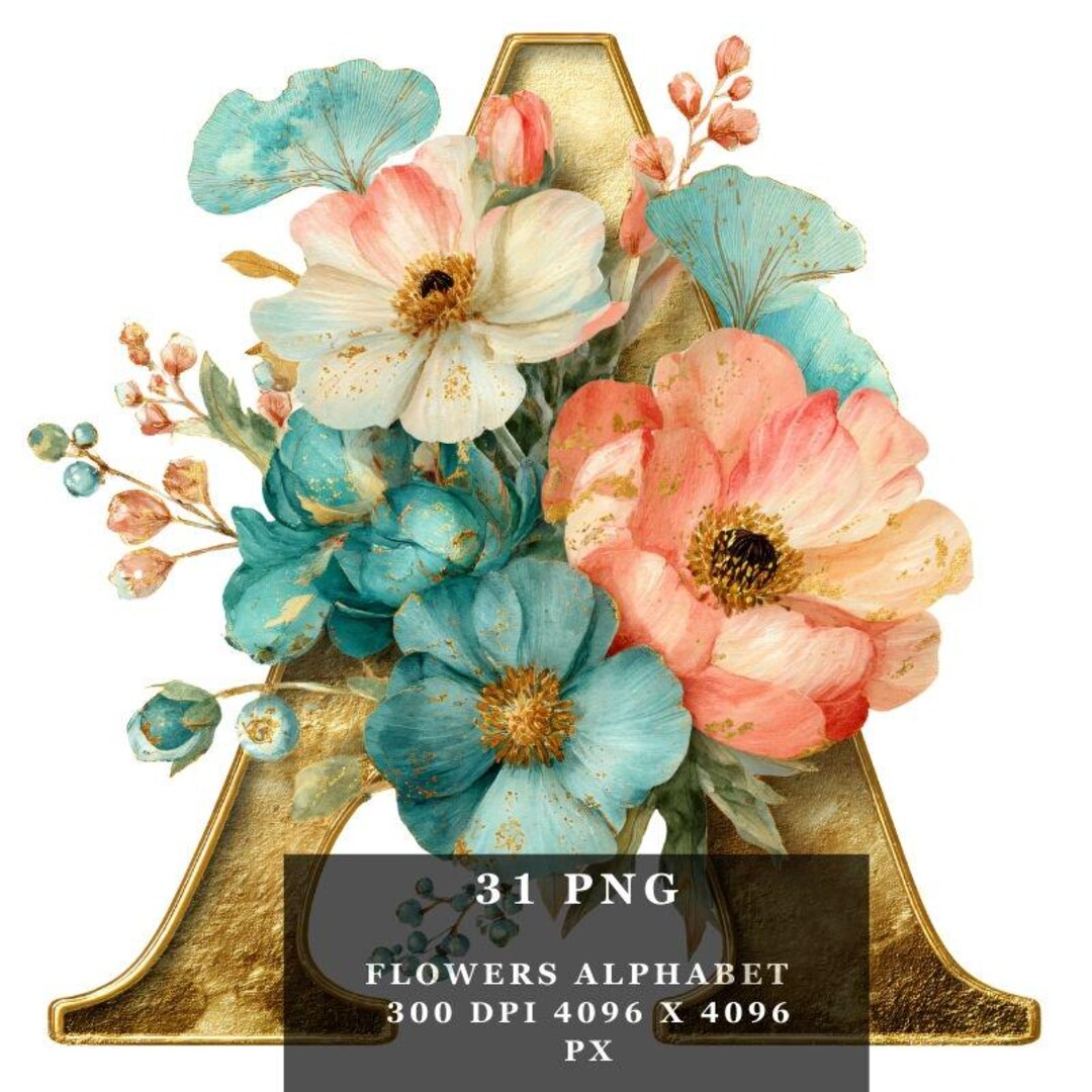 Floral Alphabet Clipart Bundle Watercolor Flowers & Birds PNG ...