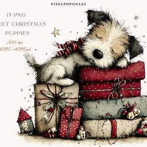 Puede incluir: Ilustración de un cachorro durmiendo con una bufanda roja y blanca, descansando sobre una pila de regalos de Navidad. Los regalos son rojos, grises y crema, adornados con lazos y cintas. La imagen incluye el texto "Sweet Christmas Puppies".