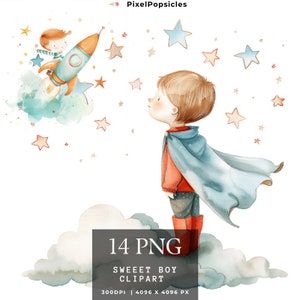 14 Watercolor Cute Boy Clipart - Dino Clipart - Space Clipart Set - Nursery - Digital Stickers - Commercial License