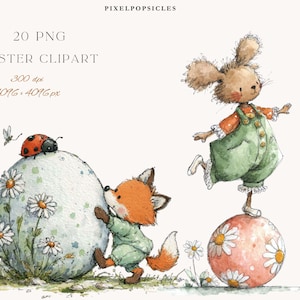 Pode incluir: Clipart de Páscoa em aquarela com uma raposa e um coelho de macacão, interagindo com ovos decorados. Uma joaninha repousa sobre um ovo adornado com margaridas. O texto "20 PNG Easter Clipart" está no topo. A imagem tem 4096 x 4096 px.