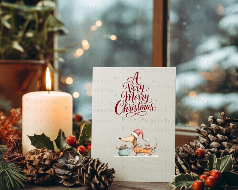 May include: A rectangular greeting card featuring the red text A Very Merry Christmas above an illustration of a tan dachshund wearing a red Santa hat and carrying a green gift bag. The card is white with small gold star accents.