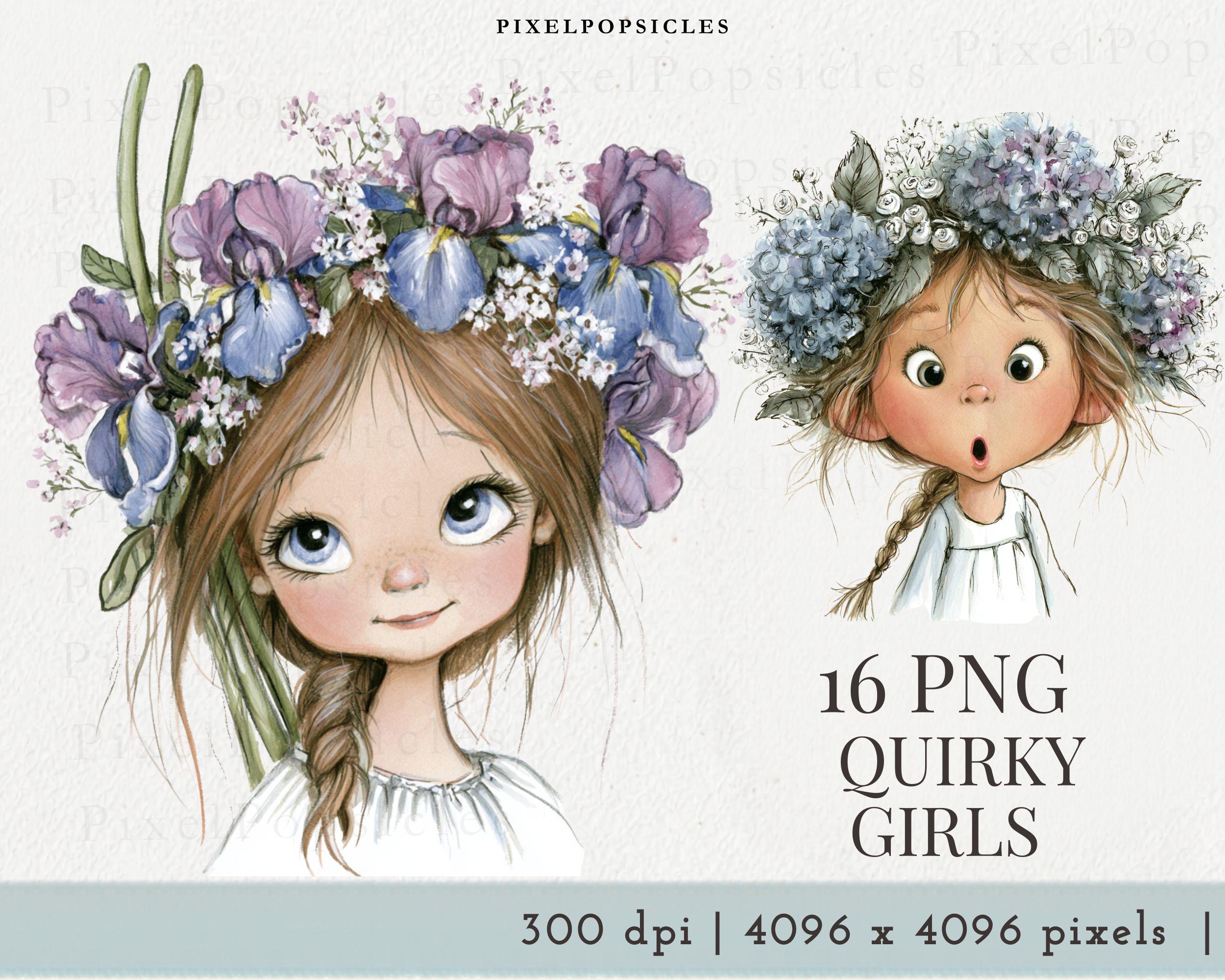 Little Girls and Flowers Clipart Bundle: Watercolor PNG Graphics ...