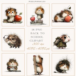 May include: A collection of watercolor-style illustrations featuring adorable guinea pigs in various back-to-school scenarios. Each guinea pig is depicted with unique expressions and poses, interacting with books, apples, and school supplies. The images are set against a neutral background.