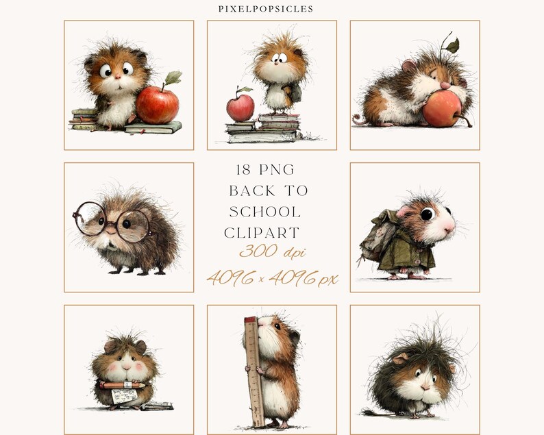 May include: A collection of watercolor-style illustrations featuring adorable guinea pigs in various back-to-school scenarios. Each guinea pig is depicted with unique expressions and poses, interacting with books, apples, and school supplies. The images are set against a neutral background.