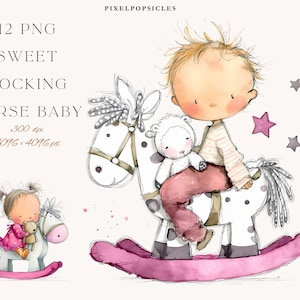 May include: Watercolor illustration of a baby riding a white rocking horse with pink runners. The baby is wearing a striped shirt and pink pants, holding a stuffed animal. The image includes the text "12 PNG SWEET ROCKING HORSE BABY".