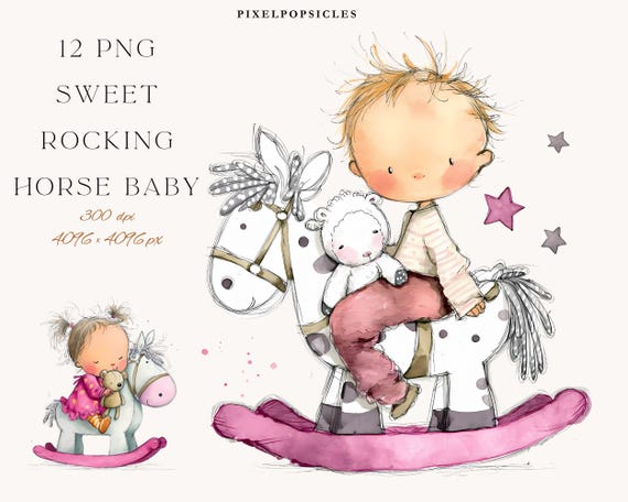 Rocking Horse Baby Clipart Set: Hand-Drawn PNG Illustrations