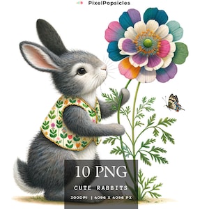 10 Sweet Bunnies  Png - Cute Bunny - Spring Floral Bouquets - Nursery Decor with Cute Baby Animals - Commercial Use