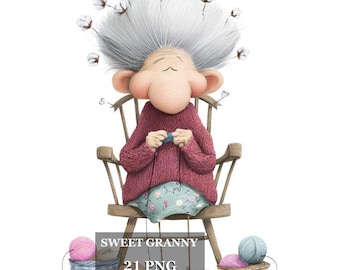 Grandma Knitting Clipart, Watercolor Craft and Hobby PNGs