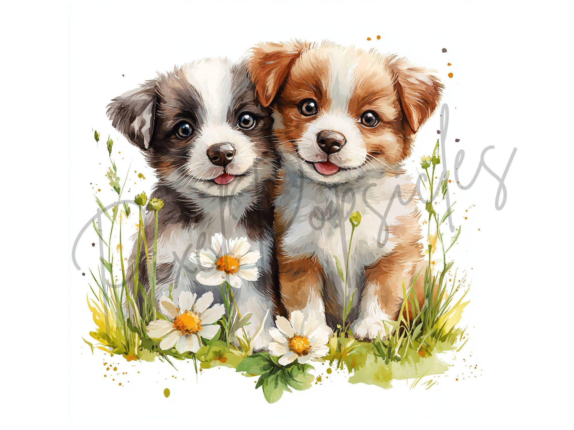 水彩画風の犬と花のクリップアート：花柄の子犬のイラスト（デジタル