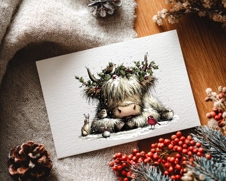 May include: A watercolor illustration of a Highland cow wearing a holly wreath, surrounded by small birds and a rabbit. The cow is lying in snow, with a red bird perched nearby. A festive holiday card.