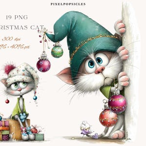 Può includere: Illustrazione ad acquerello di due gatti dei cartoni animati vestiti per Natale. Un gatto con un cappello da elfo verde tiene delle decorazioni natalizie. L'altro gatto è seduto su dei regali. L'immagine include il testo "19 PNG CHRISTMAS CAT".