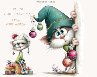 Könnte beinhalten: Aquarell-Illustration von zwei Cartoon-Katzen für Weihnachten. Eine Katze mit grünem Elfenhut hält Christbaumkugeln. Die andere Katze sitzt auf Geschenken. Der Text "19 PNG CHRISTMAS CAT" ist ebenfalls enthalten.