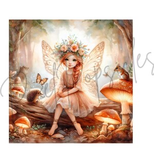 May include: A fairy with brown hair and a flower crown sits on a log in a forest setting. She has large wings and is surrounded by mushrooms and a hedgehog.