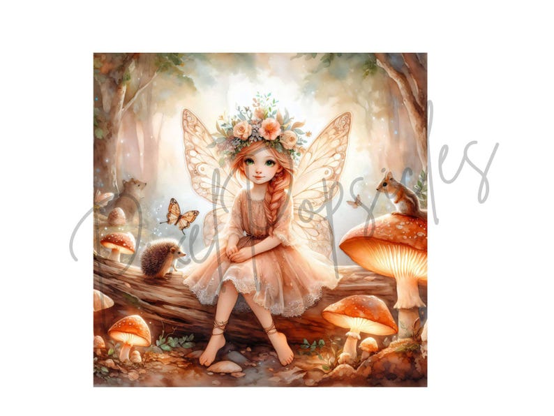 May include: A fairy with brown hair and a flower crown sits on a log in a forest setting. She has large wings and is surrounded by mushrooms and a hedgehog.