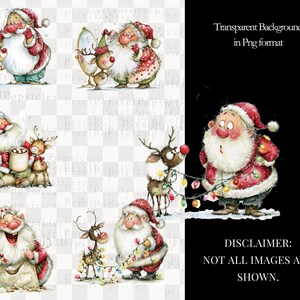 K&ouml;nnte beinhalten: Eine Sammlung skurriler Weihnachtsbilder mit dem Weihnachtsmann und Rentieren. Der Weihnachtsmann wird in verschiedenen Szenen dargestellt, darunter beim Dekorieren, Halten einer Tasse und Betrachten im Spiegel. Die Bilder haben einen transparenten Hintergrund.