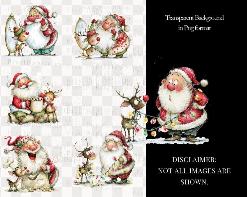 K&ouml;nnte beinhalten: Eine Sammlung skurriler Weihnachtsbilder mit dem Weihnachtsmann und Rentieren. Der Weihnachtsmann wird in verschiedenen Szenen dargestellt, darunter beim Dekorieren, Halten einer Tasse und Betrachten im Spiegel. Die Bilder haben einen transparenten Hintergrund.