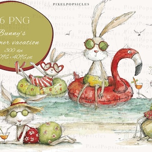 May include: Watercolor illustration of bunnies enjoying a summer vacation. One bunny relaxes in a green and yellow inner tube, another on a flamingo float, and a third on the beach with a cocktail. The image includes the text "Bunny's summer vacation."