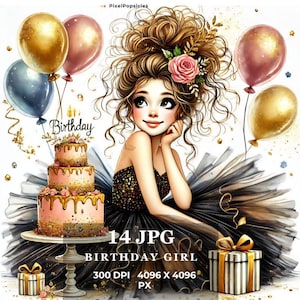 Images clipart filles originales avec gâteau d'anniversaire - 14 JPG aquarelles haute résolution sur fond blanc | Des designs fantastiques et fantaisistes pour la journalisation indésirable.