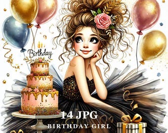 Birthday Cake Girls Clip Art: Whimsical Watercolor JPGs (Digital Download)