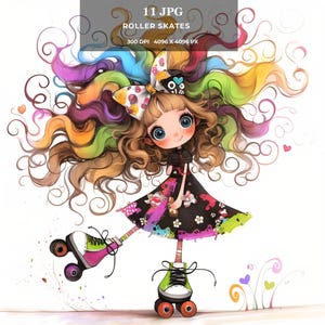 Quirky Roller Skates Girls Clipart – Fun Retro Skating JPG, Whimsical Digital Art for Cards, Stickers, T-Shirts, Sublimation & POD
