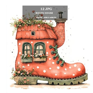 Boots House Clipart - Wunderliches Märchen-Schuh-Haus JPG, Cozy Cottage Digital,Kindergarten, Karten, Aufkleber, Sublimation & Print on Demand