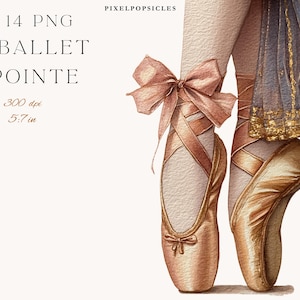 Peut inclure: Illustration à l'aquarelle de pointes de ballet avec des rubans et des nœuds roses. L'image comprend le texte "14 PNG BALLET POINTE" et les dimensions "5:7 in". Les chaussures sont de couleur rose clair avec des accents dorés.