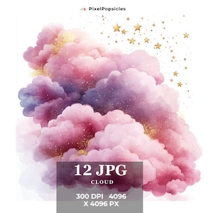 Pink Clouds Clipart: Watercolor Magic Clouds PNG (Digital Download)