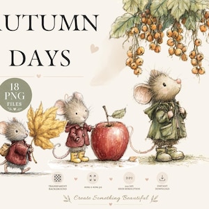 Puede incluir: Conjunto de ilustraciones digitales titulado AUTUMN DAYS con tres ratones con abrigos, una manzana roja grande y bayas colgantes. Los ratones llevan chaquetas rojas y verdes con botas amarillas. Incluye el texto 18 PNG FILES, 4096 x 4096 px, 200 DPI.