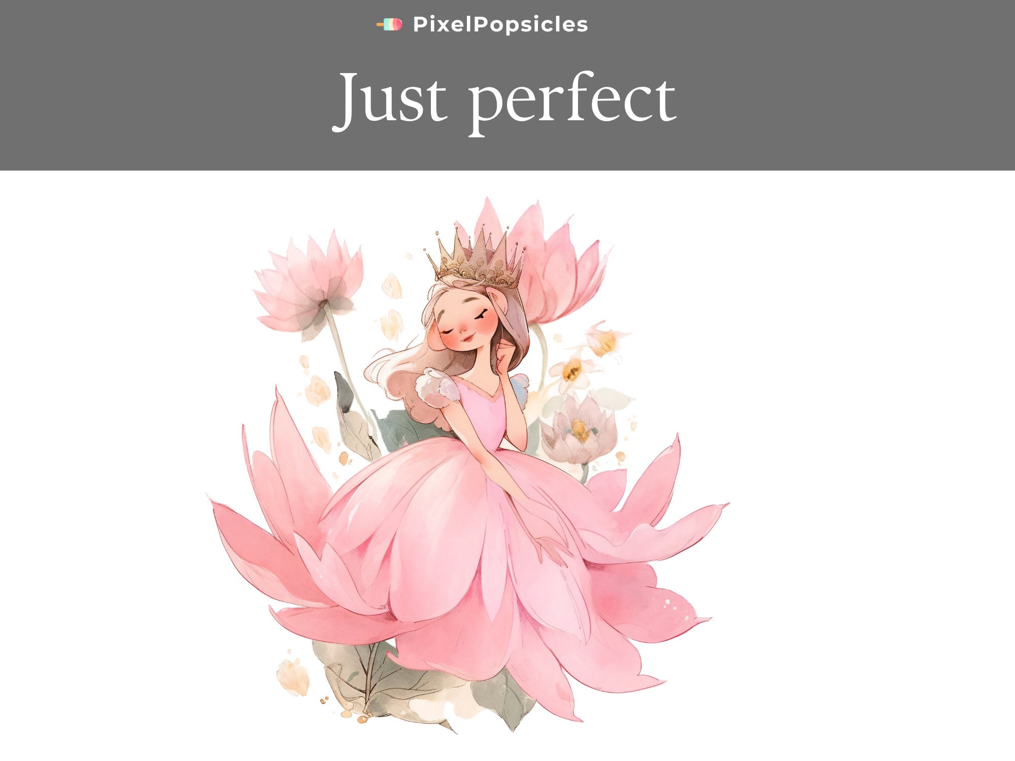 Watercolor Princess Clipart Set: Pink Dress, Flowers (commercial ...