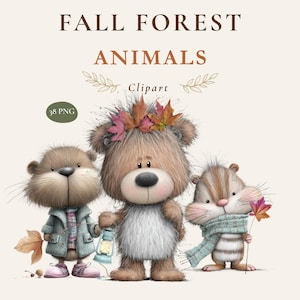 Puede incluir: Conjunto de imágenes prediseñadas digitales titulado FALL FOREST ANIMALS con 38 archivos PNG. La imagen muestra tres criaturas peludas: una nutria con abrigo azul, un oso central con hojas de otoño y un pequeño animal rayado con bufanda azul.