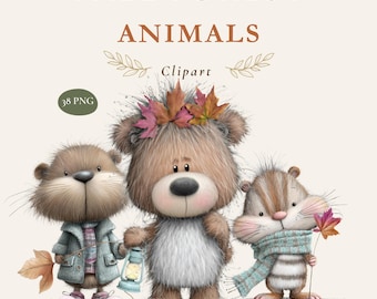 May include: Digital clipart set titled FALL FOREST ANIMALS featuring 38 PNG files. The image displays three furry creatures: an otter in a blue coat, a central bear wearing autumn leaves, and a small striped animal with a blue scarf holding a leaf.