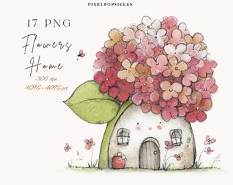 Watercolor Flower House Clipart Set - Spring Cottage Floral Home Illustrations, 17 Transparent PNGs Digital Download