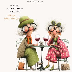 Funny Old Ladies PNG Bundle – 15 Quirky Grandmas Drinking Wine Clipart for Sublimation, T-shirts, Cards, DTG & Digital Craft Projects