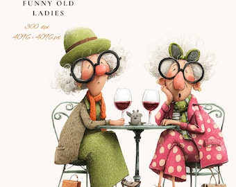 Paquete de imágenes prediseñadas PNG de abuelas divertidas: ancianas peculiares bebiendo vino (descarga digital 1#)