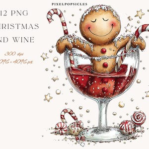 Funny Wine Christmas Cocktail Clipart: Minimalist Holiday PNG Digital Download