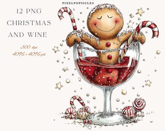 Funny Wine Christmas Cocktail Clipart: Minimalist Holiday PNG Digital Download