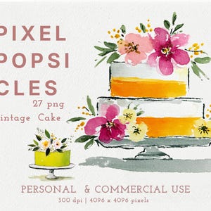 Peut inclure: Une illustration à l'aquarelle d'un gâteau à deux étages et d'un plus petit gâteau à un étage sur des supports, décorés de fleurs roses, jaunes et blanches. Le texte indique PIXEL POPSICLES, 27 png, Vintage Cake, PERSONAL & COMMERCIAL USE, 300 dpi, 4096 x 4096 pixels.