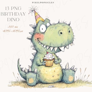 Op de afbeelding: Waterverfillustratie van een vriendelijke groene dinosaurus met een feesthoedje en een cupcake. De afbeelding bevat de tekst "13 PNG Birthday Dino" en details over de resolutie.