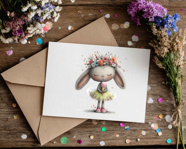 May include: A greeting card featuring a watercolor illustration of a bunny wearing a flower crown and tutu, holding an ice cream cone. The card is on a wooden surface with a brown envelope and floral arrangements.